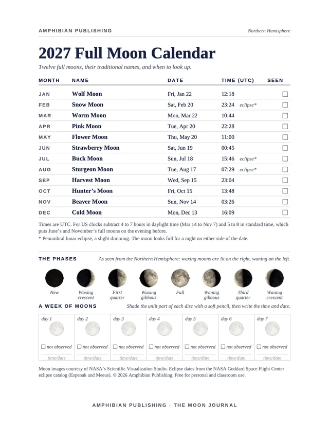 2027 Full Moon Calendar, one page with the twelve full moons, their names, dates, and times