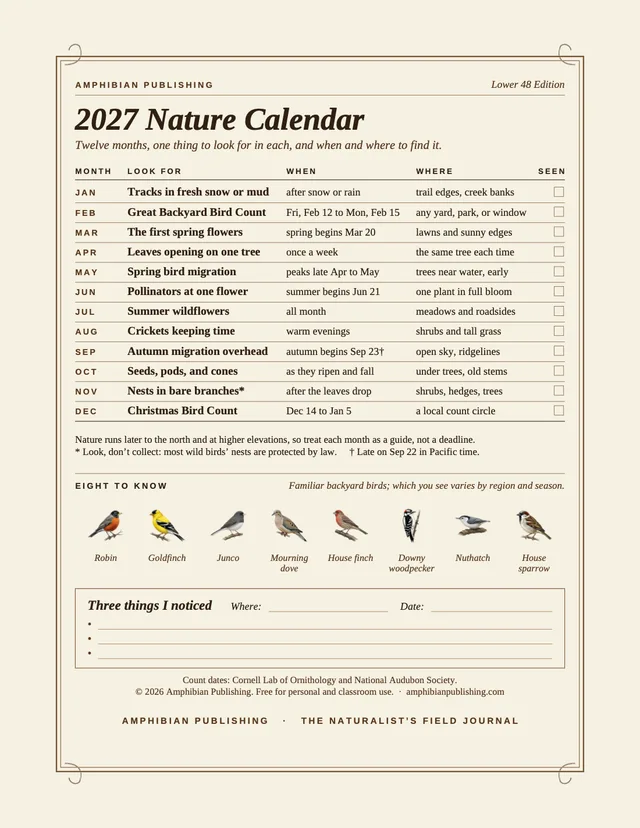2027 Nature Calendar, Lower 48 Edition: one thing to look for each month, with eight backyard birds