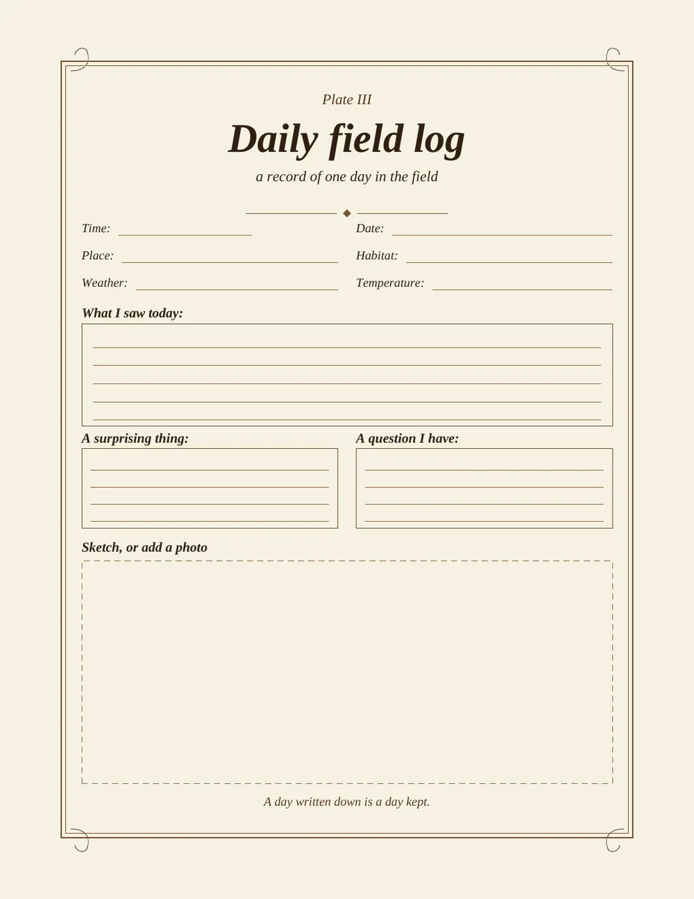 Daily field log plate from the Naturalist’s Field Journal, with lines for time, place, weather, what I saw today, a surprising thing, a question I have, and a sketch