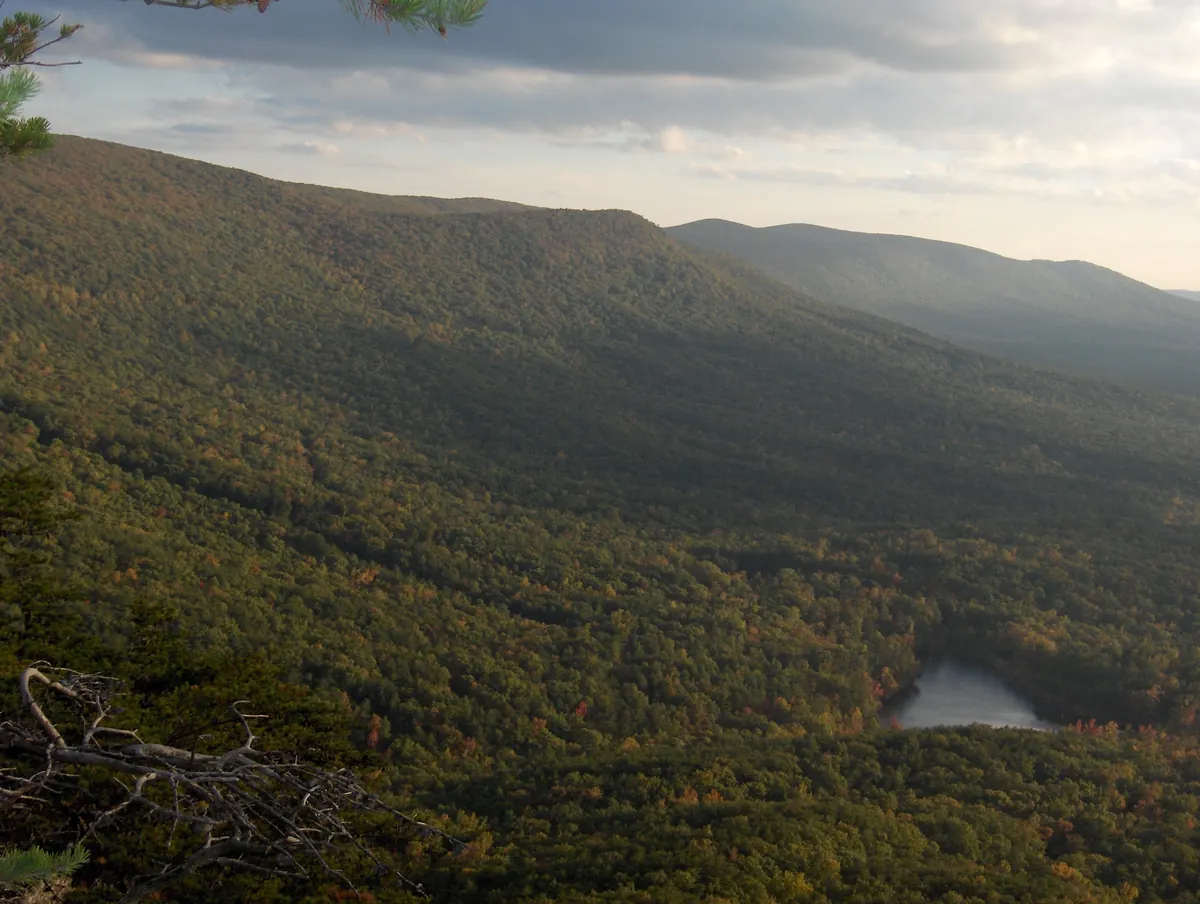 A lake surrounded by autumn woods at the foot of Cheaha Mountain
