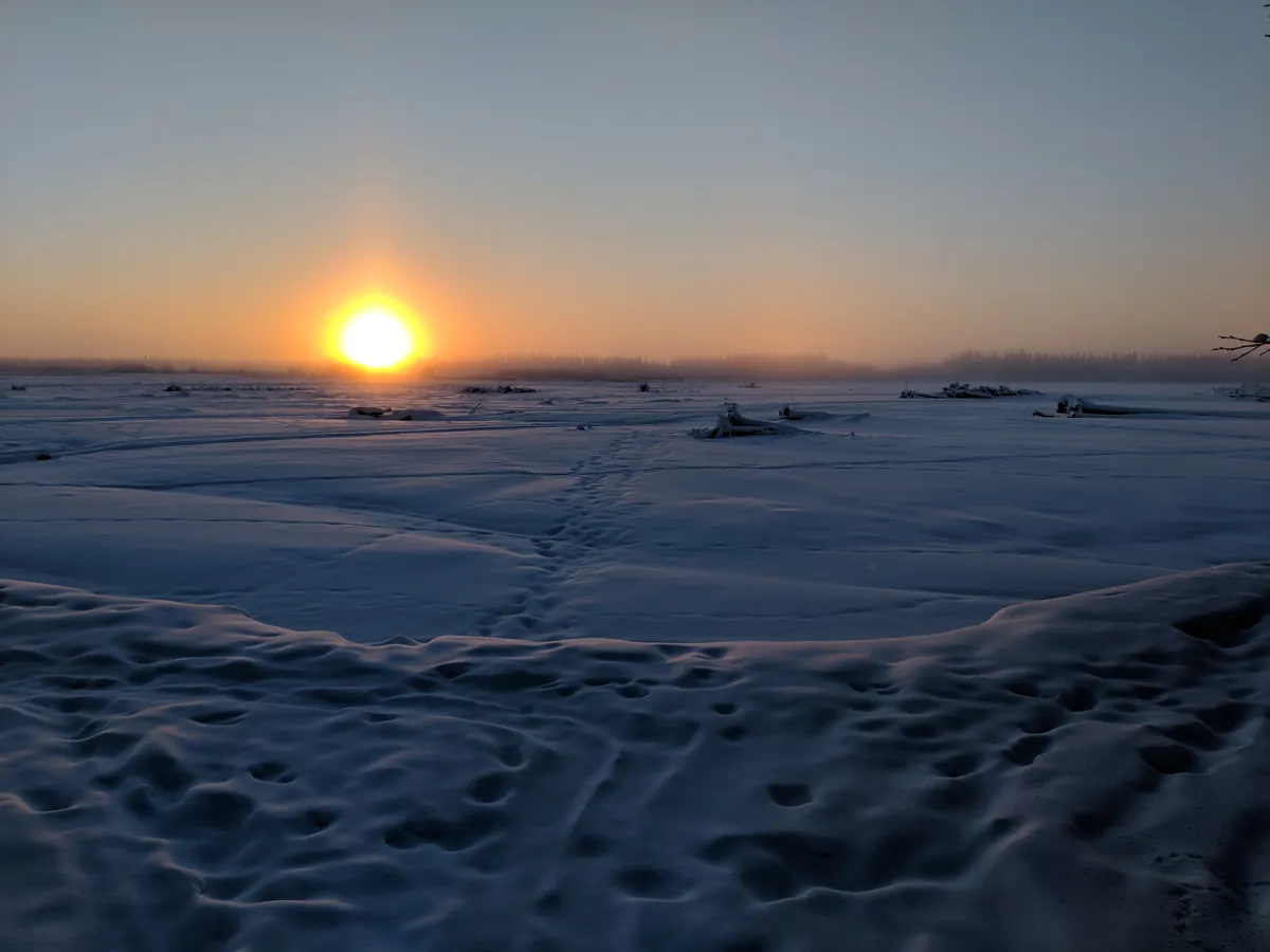 A low winter sun just above a snow-covered, frozen river with a line of spruce on the far bank