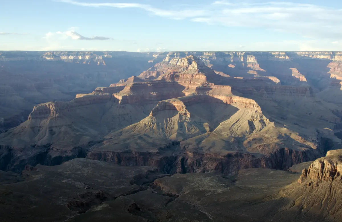 Evening light on the buttes and cliffs of the Grand Canyon seen from Yaki Point on the South Rim.