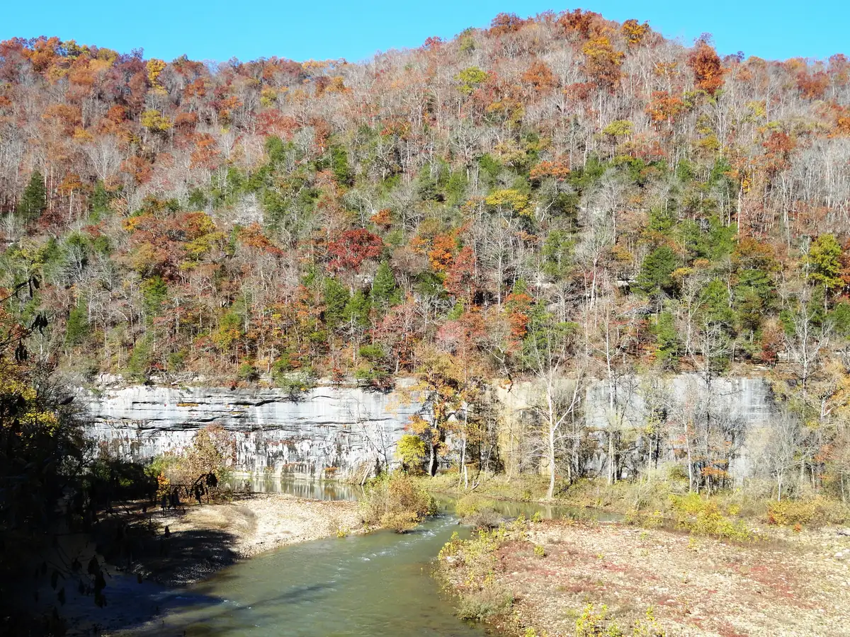 A steep wooded hillside in red, orange and bare gray above a pale rock bluff and a green river, under a blue sky.