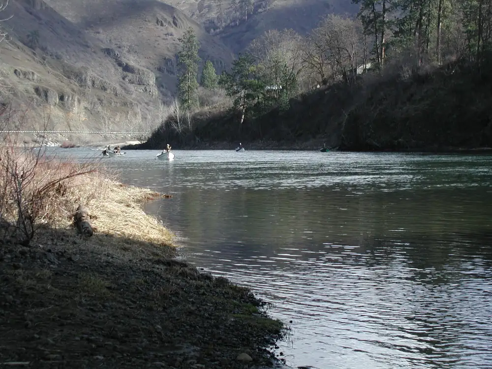 Drift boats on a broad green river below steep canyon walls in early spring