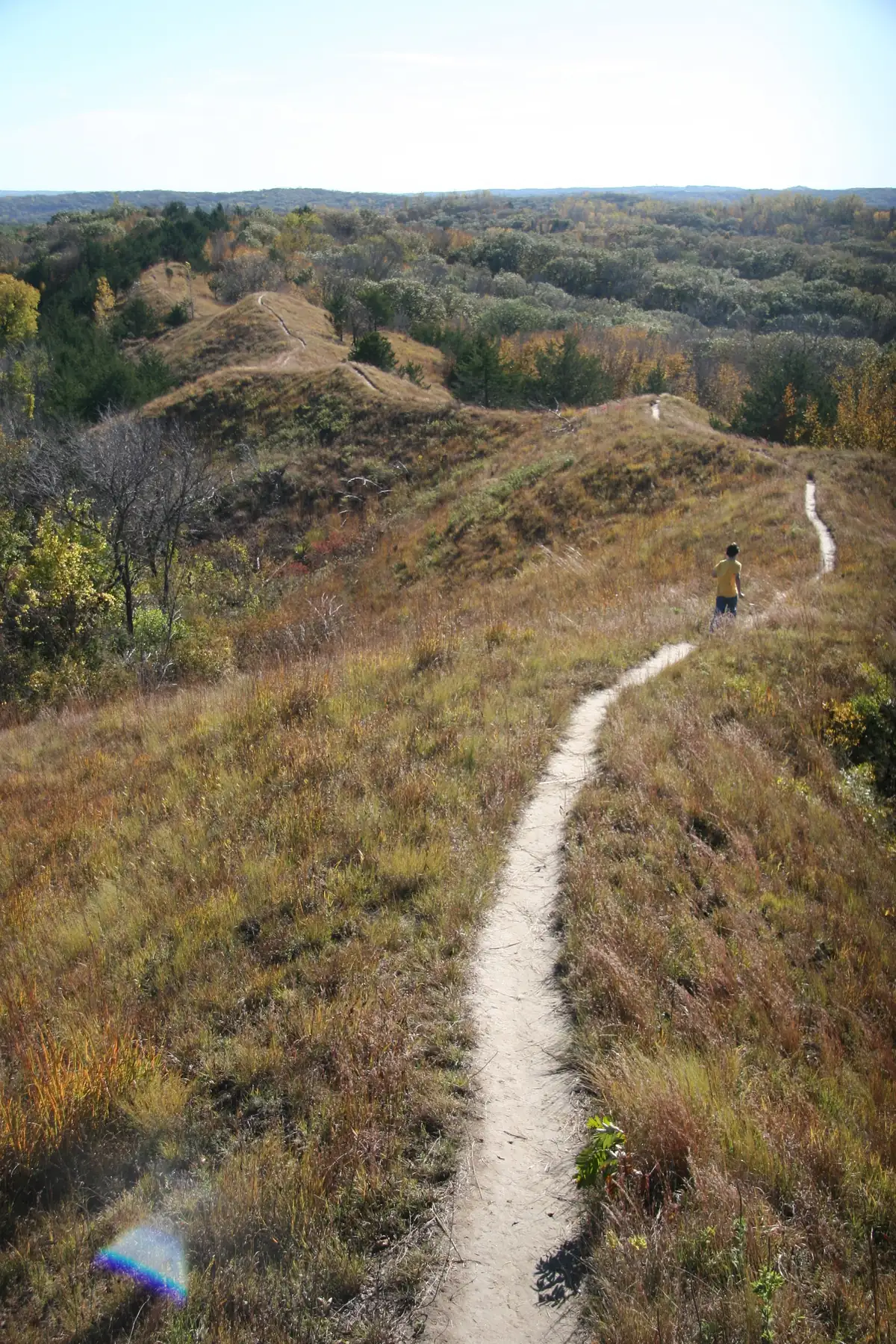 A narrow dirt trail running along a grassy ridge top in the Loess Hills State Forest, with a hiker ahead and autumn woods in the valleys beyond.