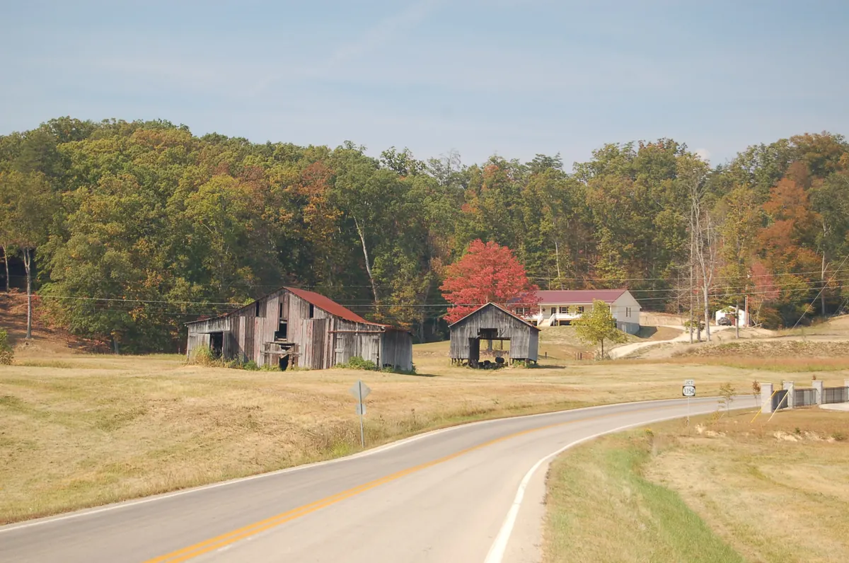 Weathered wooden barns and a white farmhouse sit beside a curving country road in the Red River Valley, with a red maple and a hillside of turning trees behind.