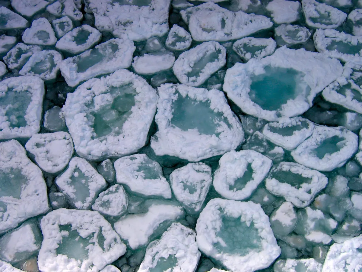 Rounded plates of slushy pancake ice floating on dark Lake Superior water