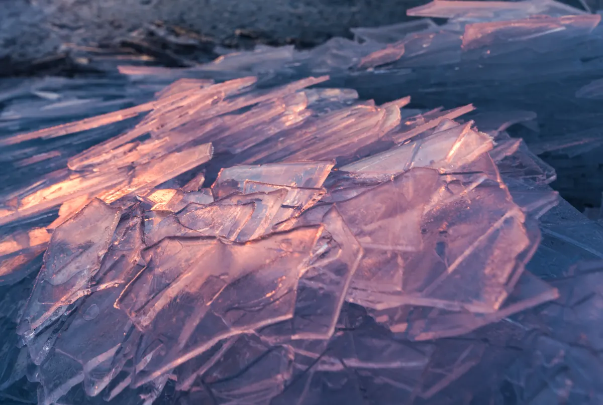 Thin, clear plates of broken lake ice piled at angles on the shore, lit pink and orange by the rising sun.