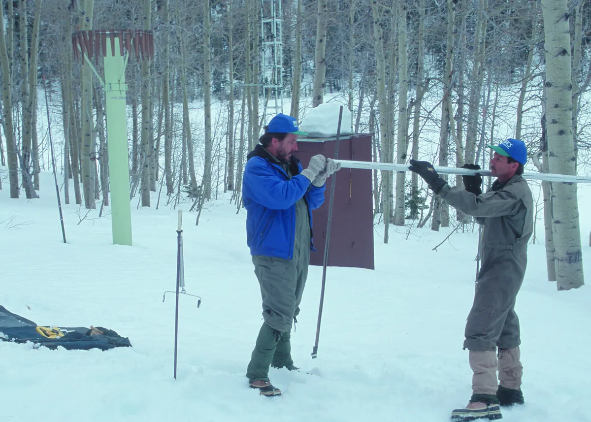 Two men in winter clothes stand in deep snow among aspen trees, holding a long metal sampling tube level between them.