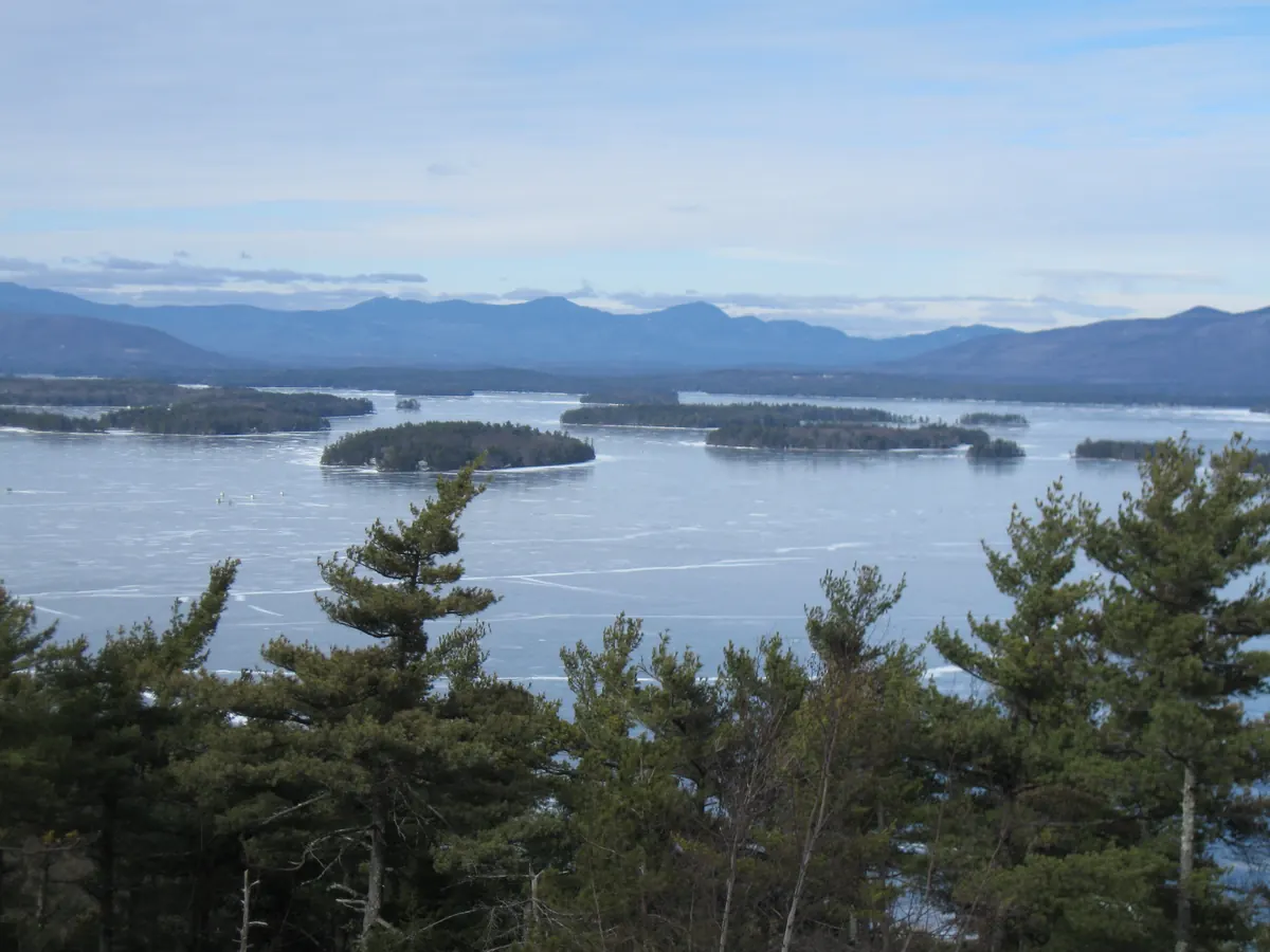 Frozen Lake Winnipesaukee with pine-covered islands, seen through white pines, with the snowy Sandwich Range under a pale winter sky