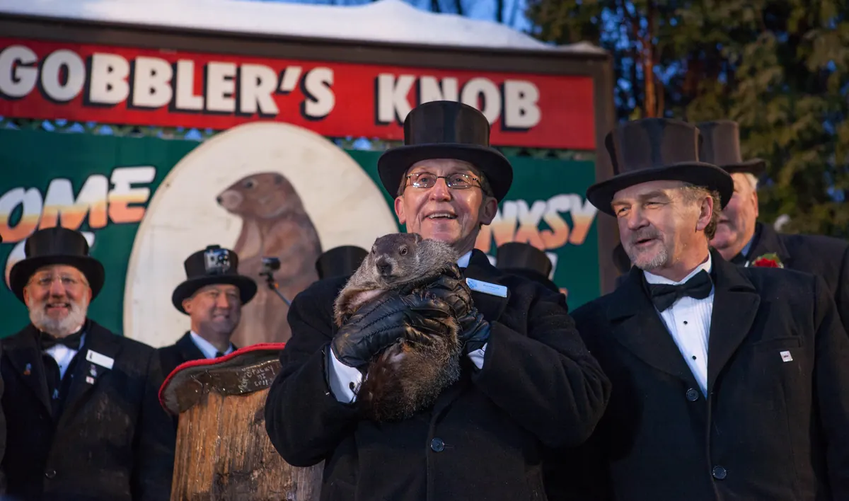 A man in a black top hat holding a groundhog up in front of the Gobbler's Knob sign, with other men in top hats behind him