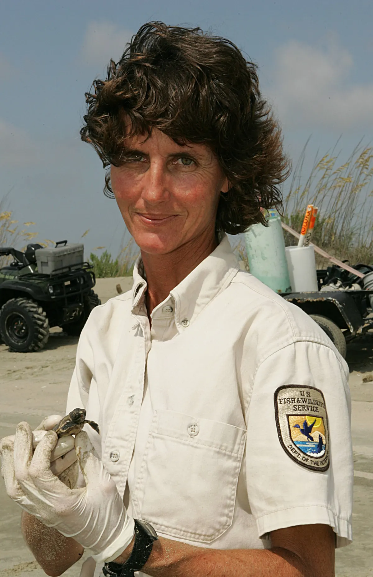 A refuge biologist in a cap holds a tiny, dark newly hatched sea turtle in her open palm on the beach.