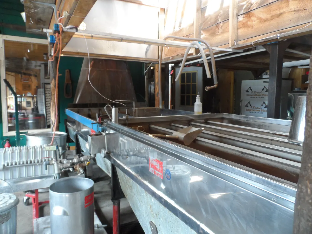 A long stainless-steel maple syrup evaporator with a steam hood above it inside a wooden sugar shack, with buckets and tools nearby.