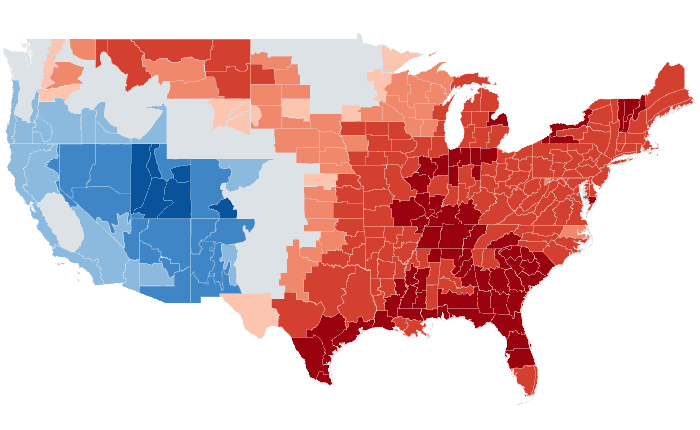 Observed temperature departure from normal for DJF 2012-13