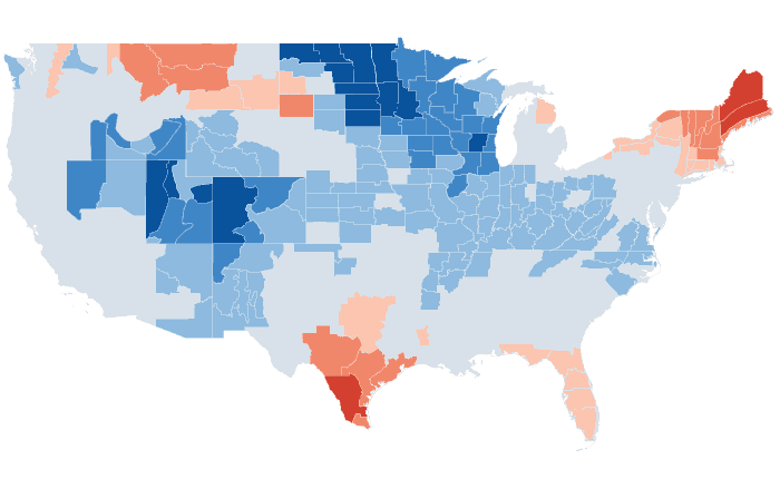 Observed temperature departure from normal for JFM 2013