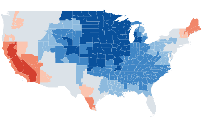 Observed temperature departure from normal for FMA 2013