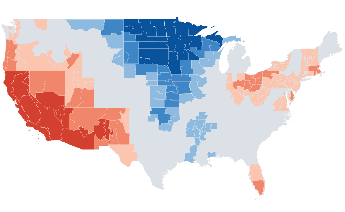 Observed temperature departure from normal for AMJ 2013