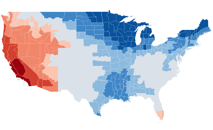 Observed temperature departure from normal for MAM 2014