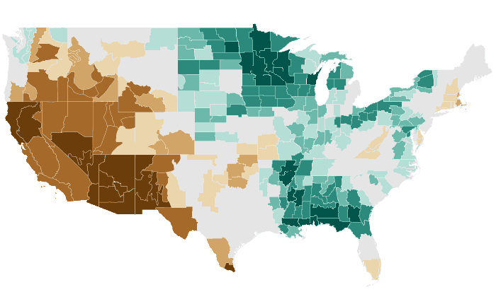 Observed precipitation departure from normal for AMJ 2014