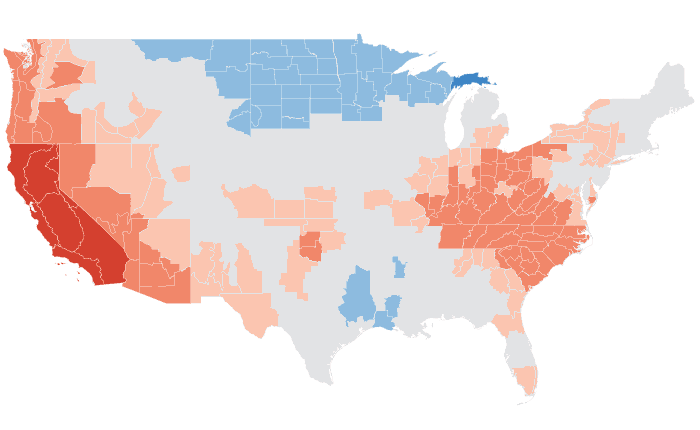 Observed temperature departure from normal for AMJ 2014