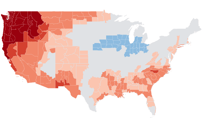 Observed temperature departure from normal for JJA 2015