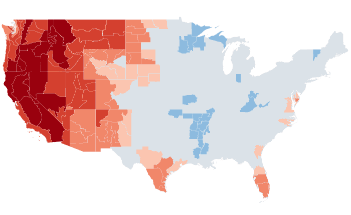 Observed temperature departure from normal for JJA 2017