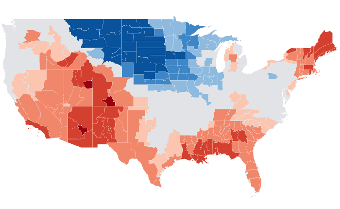 Observed temperature departure from normal for JFM 2018