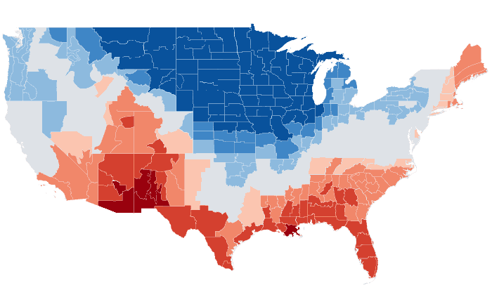 Observed temperature departure from normal for FMA 2018