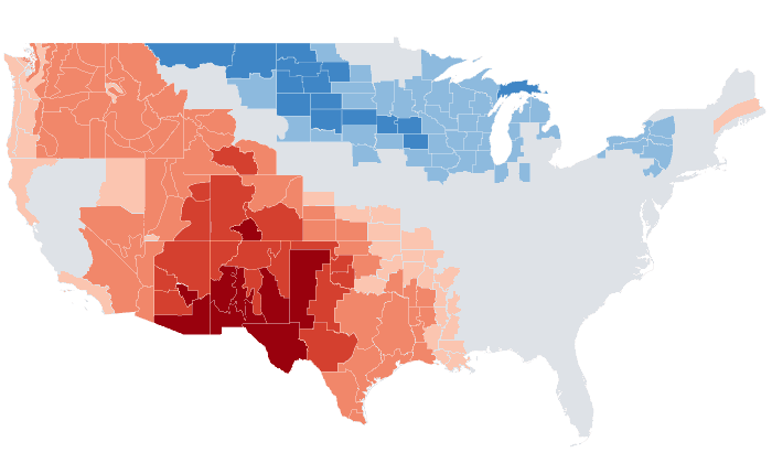 Observed temperature departure from normal for MAM 2018