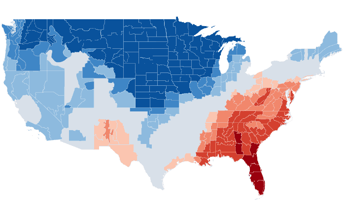 Observed temperature departure from normal for FMA 2019