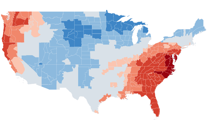 Observed temperature departure from normal for AMJ 2019