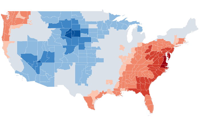 Observed temperature departure from normal for MJJ 2019