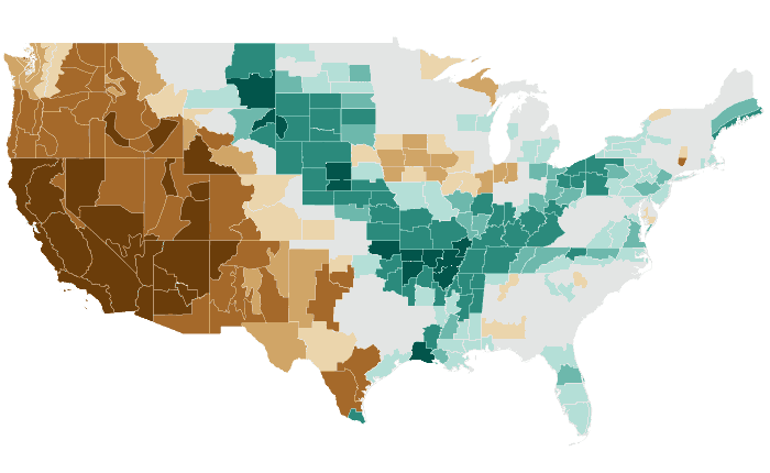 Observed precipitation departure from normal for JJA 2019