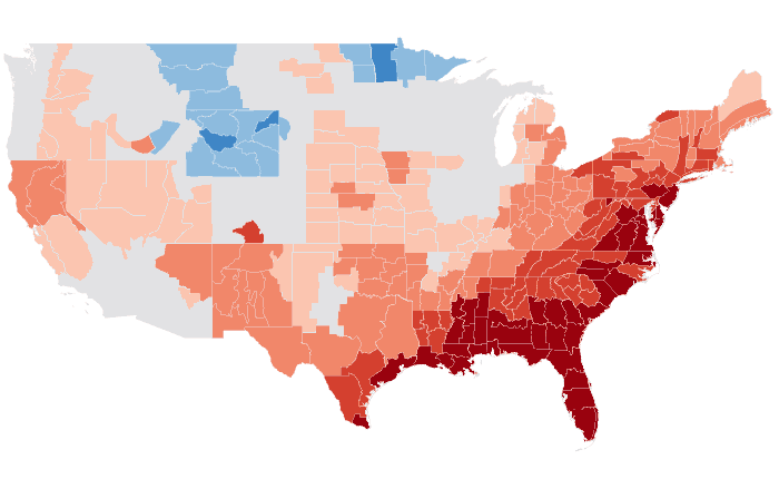 Observed temperature departure from normal for FMA 2020