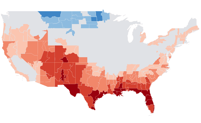 Observed temperature departure from normal for MAM 2020
