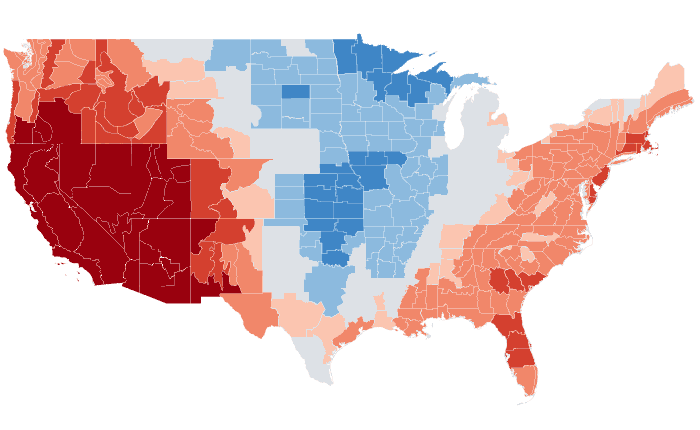 Observed temperature departure from normal for ASO 2020