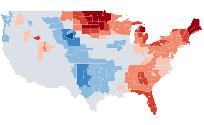 Observed temperature departure from normal for JFM 2021