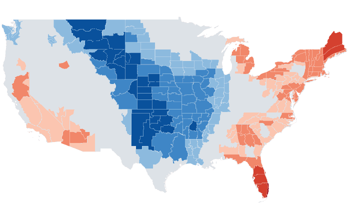 Observed temperature departure from normal for FMA 2021