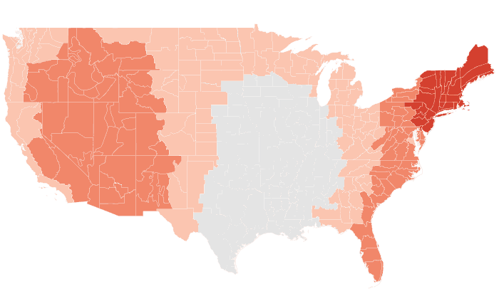 NOAA Climate Prediction Center temperature outlook for JAS 2021, redrawn by division