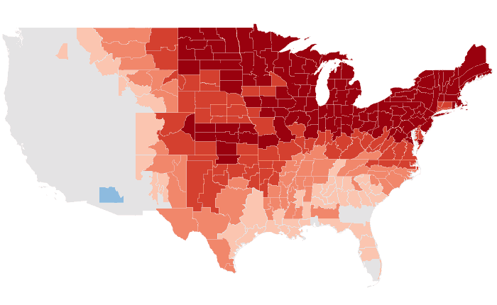 Observed temperature departure from normal for ASO 2021