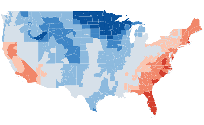 Observed temperature departure from normal for FMA 2022