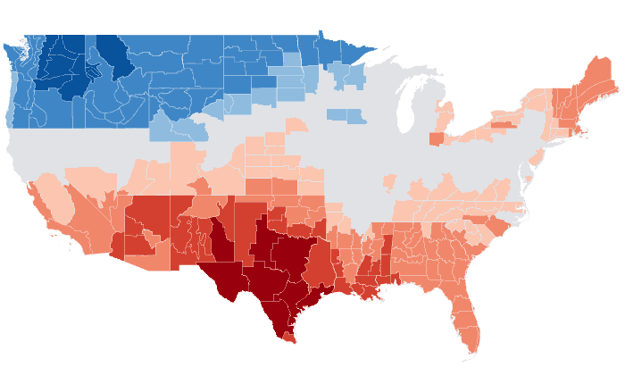 Observed temperature departure from normal for AMJ 2022