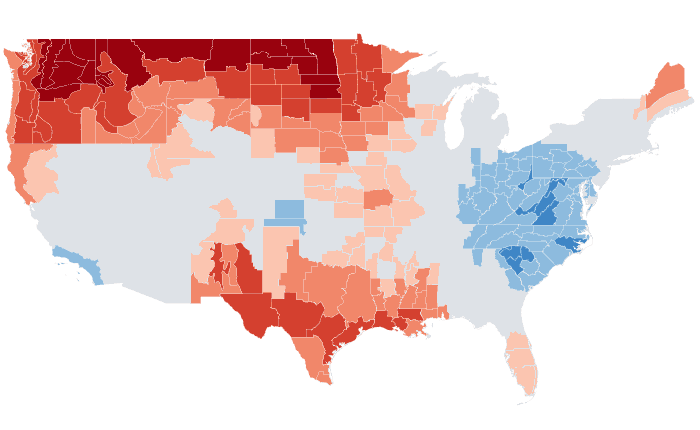 Observed temperature departure from normal for MJJ 2023