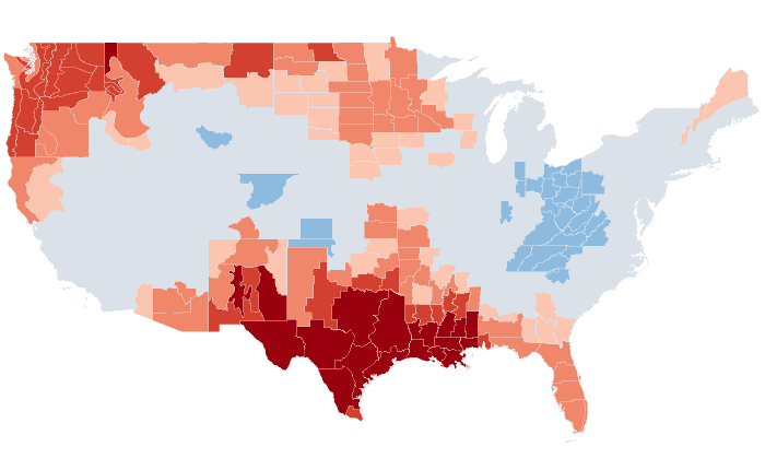 Observed temperature departure from normal for JJA 2023