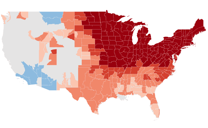 Observed temperature departure from normal for JFM 2024