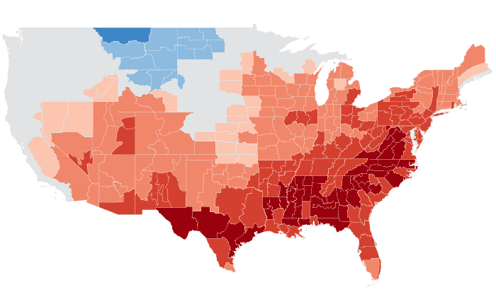 Observed temperature departure from normal for FMA 2025