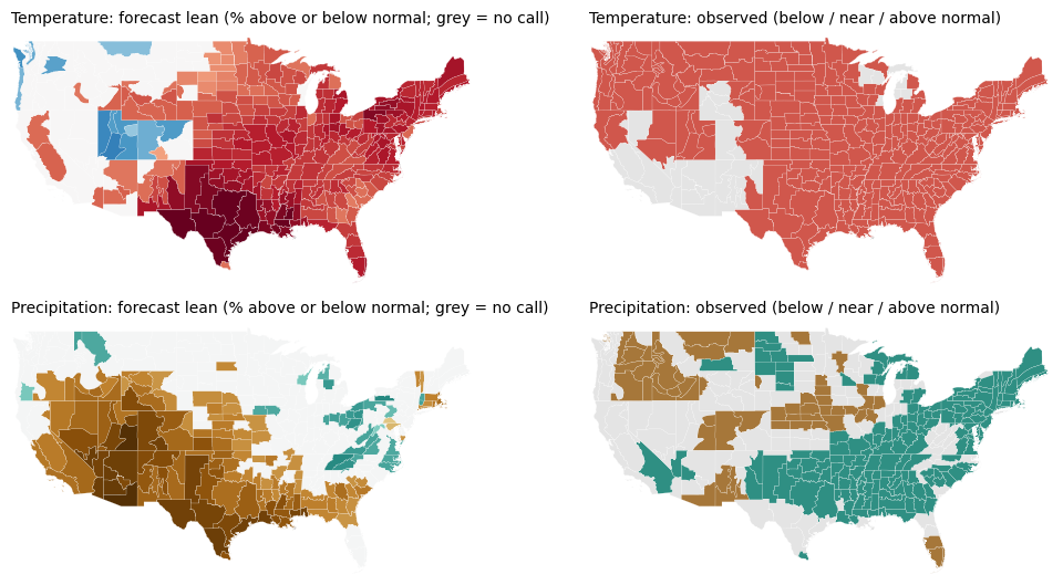 Maps of the forecast lean and, when available, the observed outcome for temperature and precipitation, MAM 2025