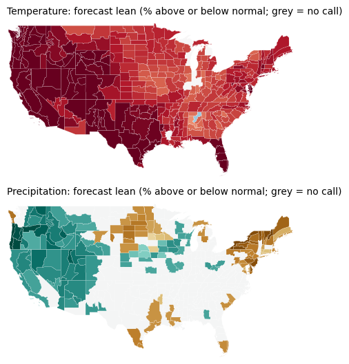 Maps of the forecast lean and, when available, the observed outcome for temperature and precipitation, JAS 2026