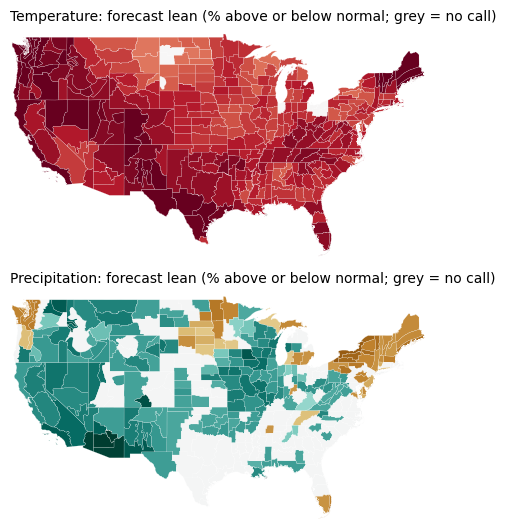 Maps of the forecast lean and, when available, the observed outcome for temperature and precipitation, ASO 2026
