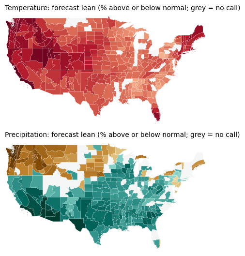 Maps of the forecast lean and, when available, the observed outcome for temperature and precipitation, SON 2026